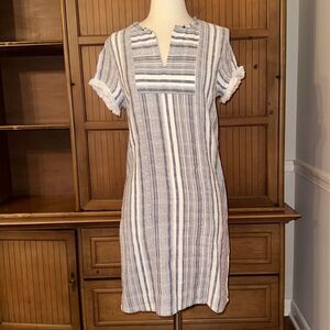 Rungolee Blue & White Trimmed Short Sleeve Split V Neck Dress, Size Small